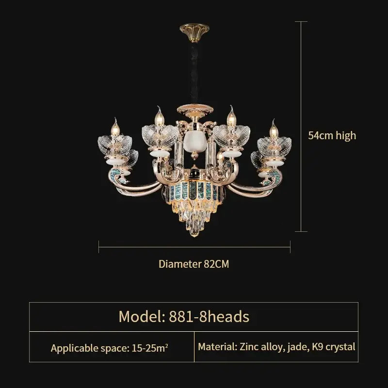 Elegant 8-head european gold and teal crystal dining room chandelier with zinc alloy frame and jade accents for decorbites crystal dining