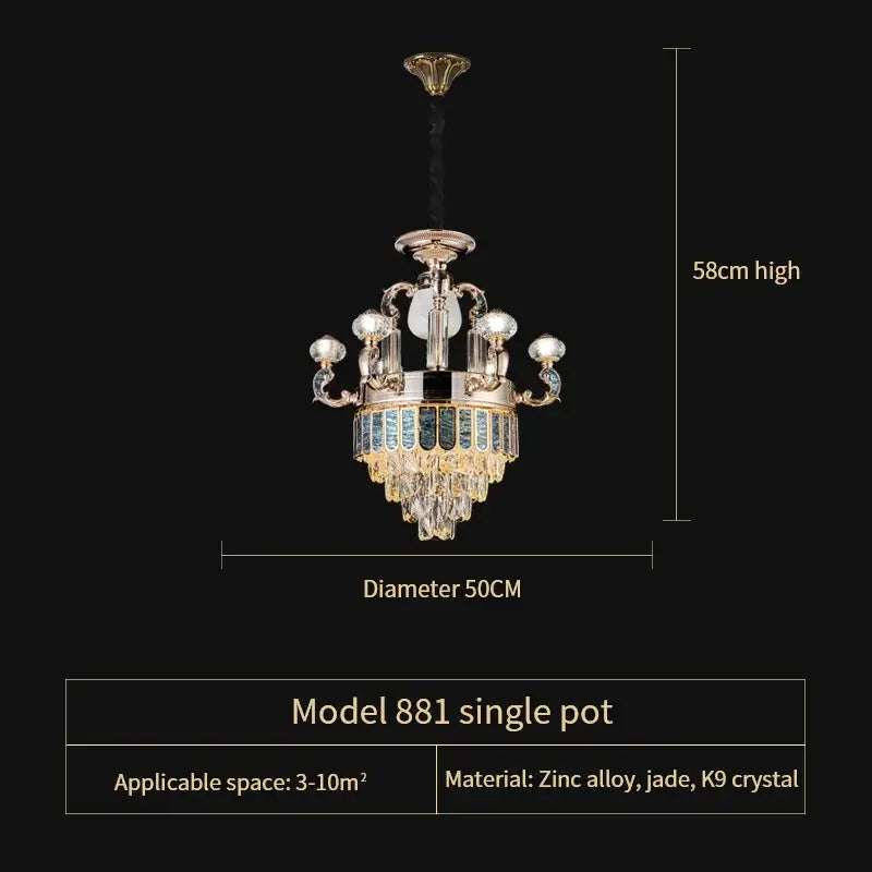 Elegant gold and teal crystal dining room chandelier with cascading k9 crystal droplets and jade accents model 881 single pot