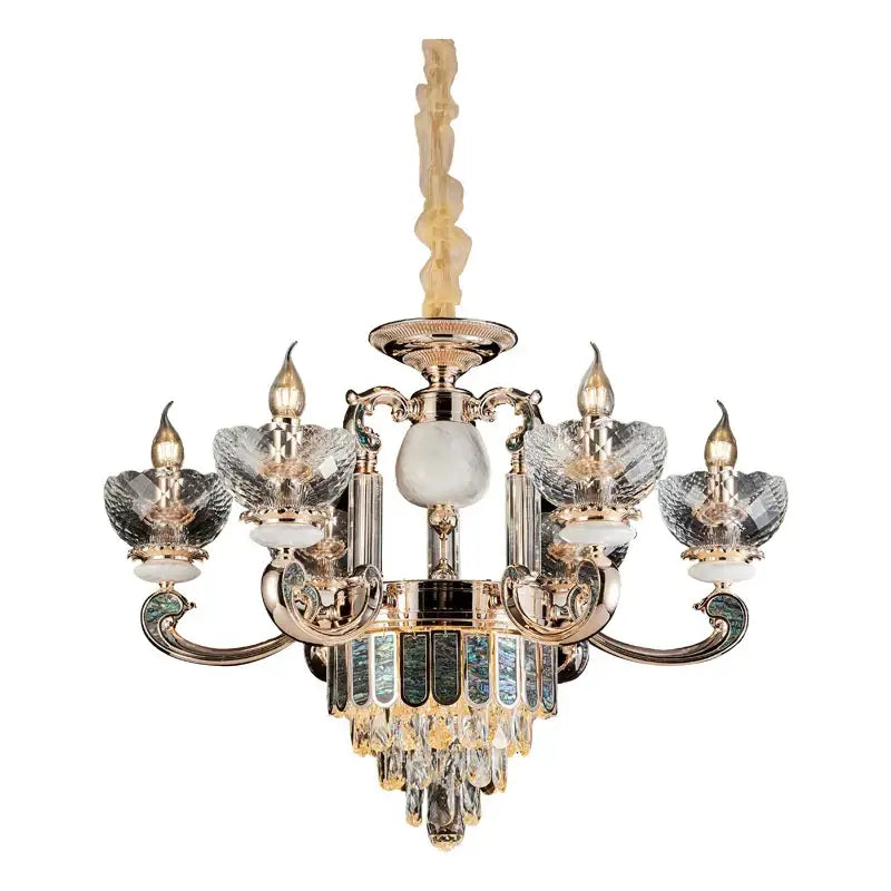 European gold and teal crystal dining room chandelier with five rose gold arms and flower-shaped crystal shades for decorbites crystal dining