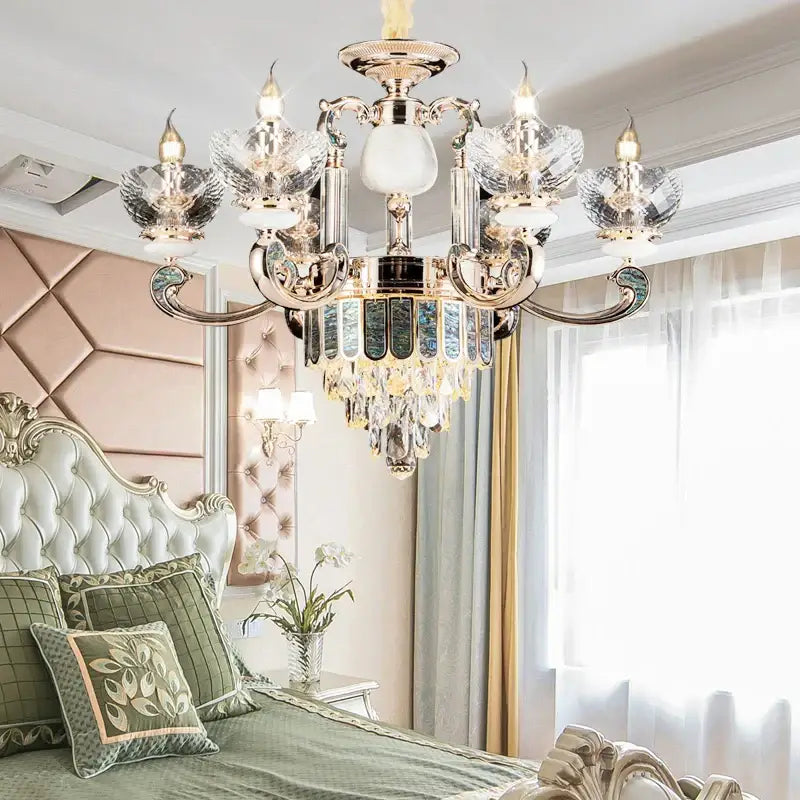 European gold and teal crystal dining room chandelier with polished gold frame floral glass shades for crystal dining room decorbites