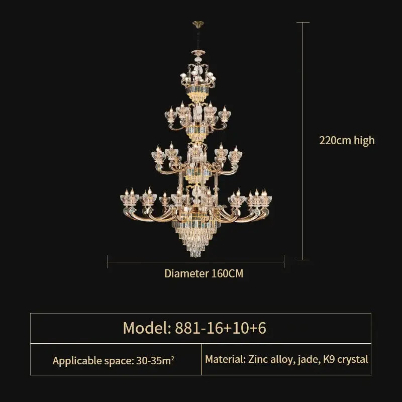 European gold and teal crystal dining room chandelier with gold-toned zinc alloy frame, jade accents, and k9 crystal droplets