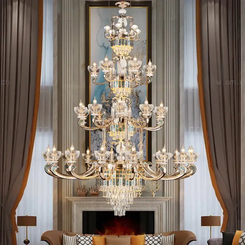European gold and teal crystal dining room chandelier with multi-tiered design and intricate decorbites crystal dining prisms