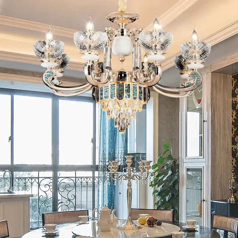 European gold and teal crystal dining room chandelier with ornate multi-armed design for crystal dining room decorbites decor
