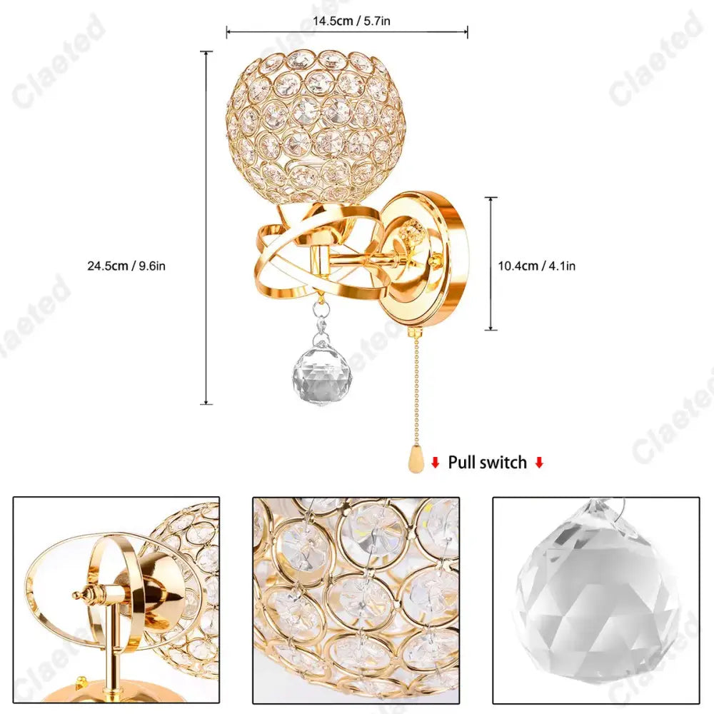 European gold crystal wall light featuring a gold-finished wall sconce with a spherical crystal globe and faceted pendant