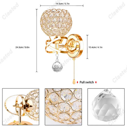 European gold crystal wall light featuring a gold-finished wall sconce with a spherical crystal globe and faceted pendant