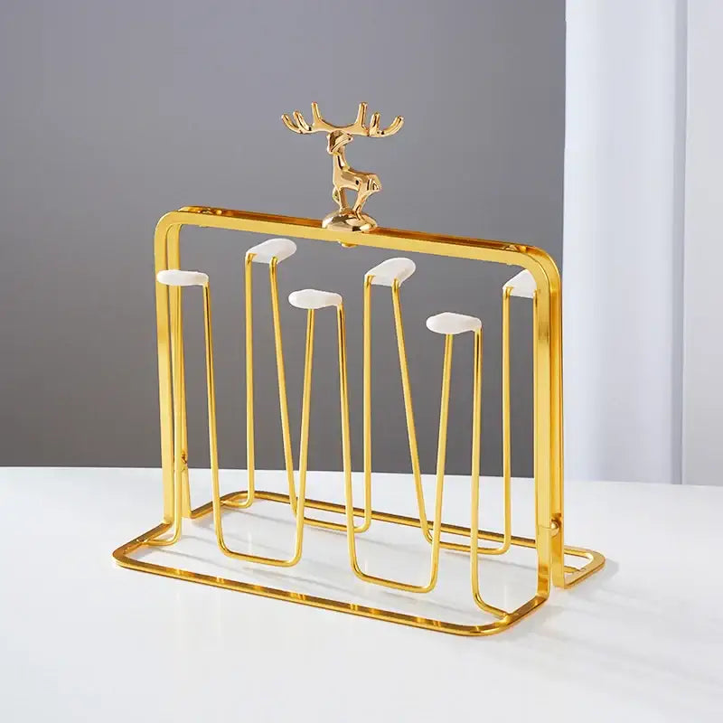 European gold deer glass storage rack with golden metal cup holder and white ceramic accents for dining room use