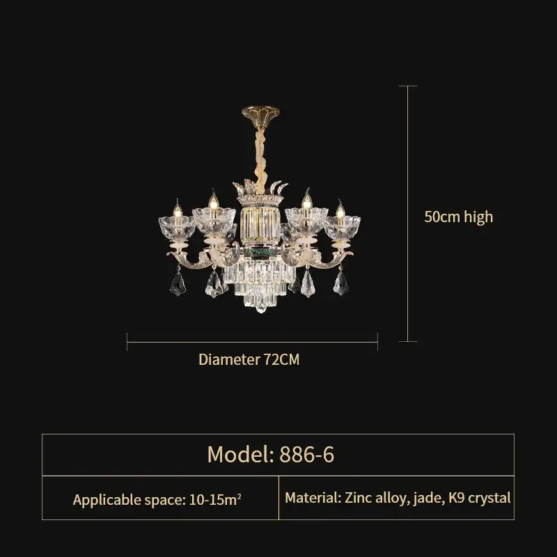 Elegant 5-light duplex european crystal chandelier with gold-toned zinc alloy frame jade accents and k9 crystal prisms