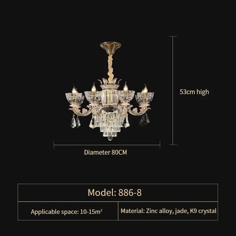 Elegant gold duplex european crystal chandelier with five arms adorned with clear k9 crystal and jade accents for staircase lighting