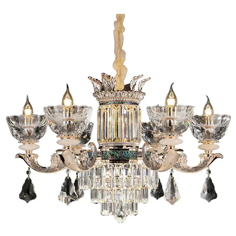 Elegant duplex european crystal chandelier with gold-toned metal and green mosaic central column for staircase lighting