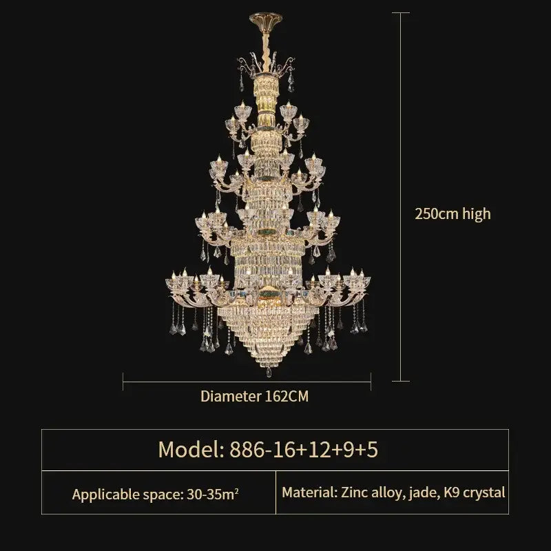 European gold duplex european crystal chandelier with multiple tiers of k9 crystal and jade accents crafted from zinc alloy