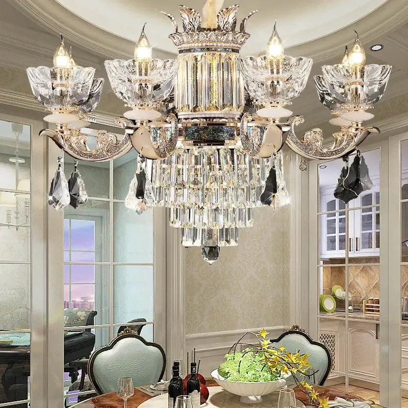 European gold duplex european crystal chandelier with intricate silver metalwork and cascading clear glass prisms for staircase light