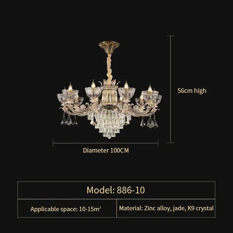 A luxurious 56cm high european crystal chandelier with a gold zinc alloy frame and k9 crystal prisms for duplex european use