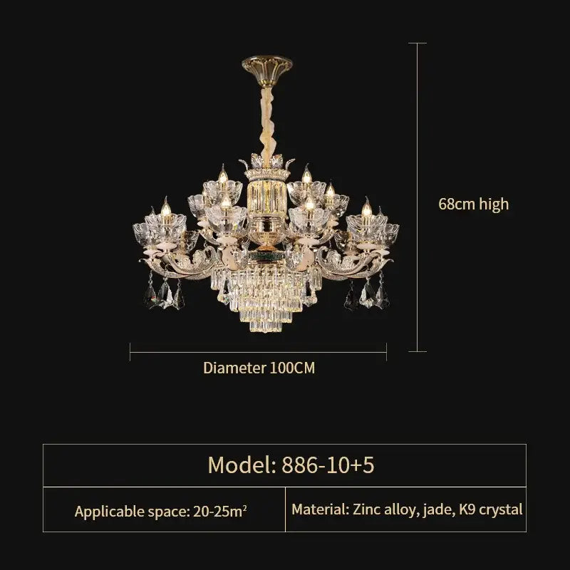 A luxurious duplex european crystal chandelier with gold-toned zinc alloy frame jade accents and cascading k9 crystals