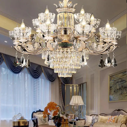 A duplex European crystal chandelier with intricate silver metalwork and cascading clear glass prisms for staircase lighting