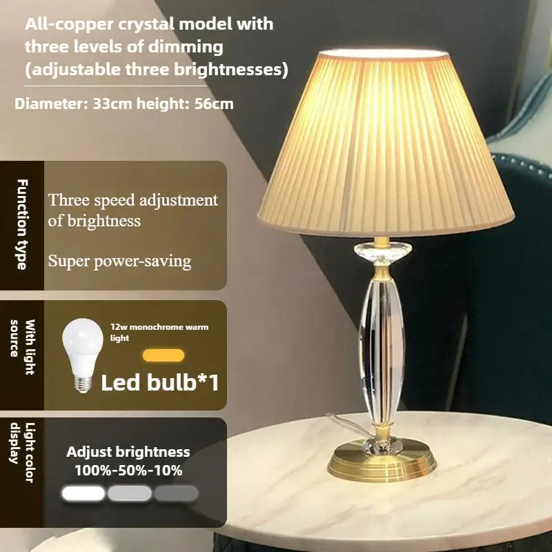 Elegant European retro crystal floor lamp with all-copper base, pleated beige shade, and adjustable three-level dimming