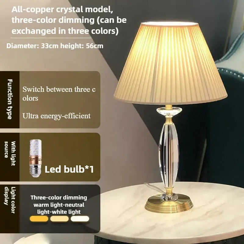 Elegant all-copper crystal floor lamp with pleated beige shade and three-color dimmable led lighting for living room