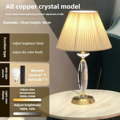 Elegant all-copper crystal floor lamp with pleated beige shade and smart remote for dimming and color temperature control