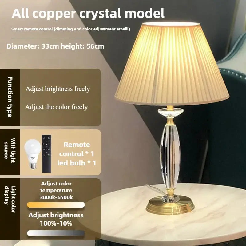 Elegant all-copper crystal floor lamp with pleated beige shade and smart remote for dimming and color temperature control