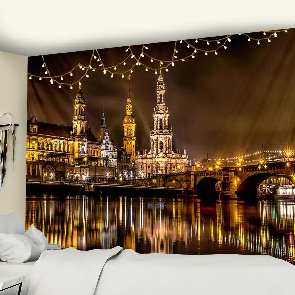 A rectangular european style bedroom wall hanging tapestry depicting a city night scene with golden spires and bridges