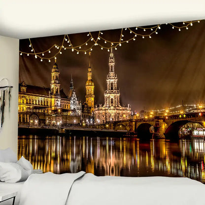 A rectangular european style bedroom wall hanging tapestry depicting a city night scene with golden spires and bridges