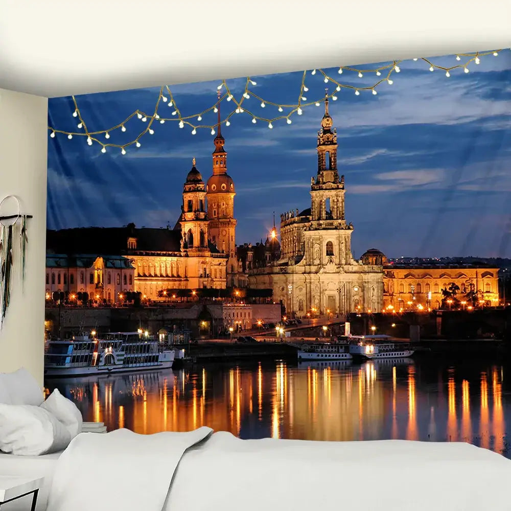European style tapestry featuring a city night scene with illuminated buildings and boats, ideal for bedroom wall hanging