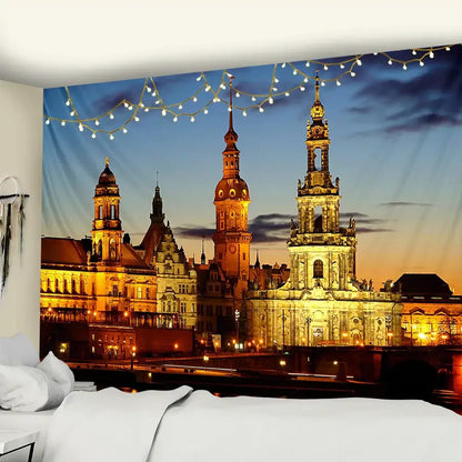 European style city night scene tapestry with golden historic towers and string lights for bedroom wall hanging