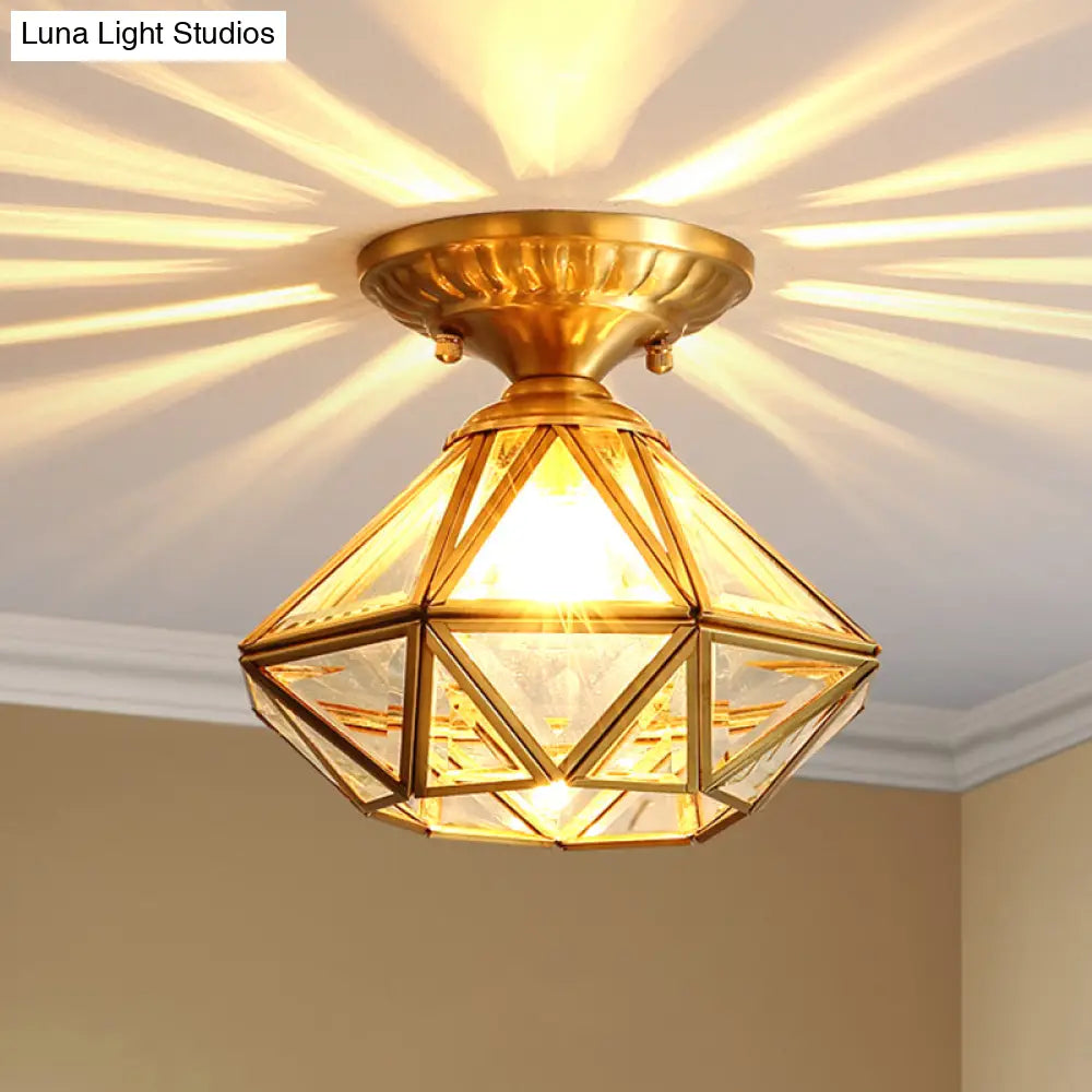 DecorBites™ DecorBites™ European Style Flush-mount Ceiling Light: Full Brass, Glass Shade, 1 Light Polyhedron Design, Bedroom Lighting