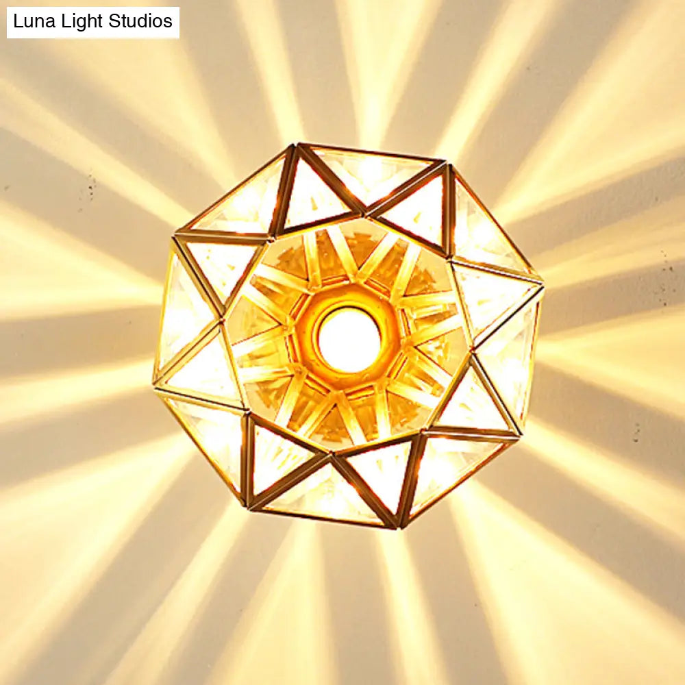 DecorBites™ DecorBites™ European Style Flush-mount Ceiling Light: Full Brass, Glass Shade, 1 Light Polyhedron Design, Bedroom Lighting