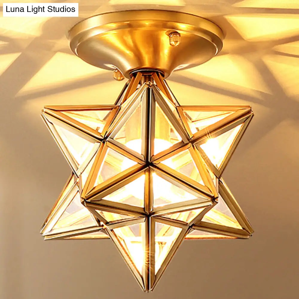 DecorBites™ DecorBites™ European Style Flush-mount Ceiling Light: Full Brass, Glass Shade, 1 Light Polyhedron Design, Bedroom Lighting