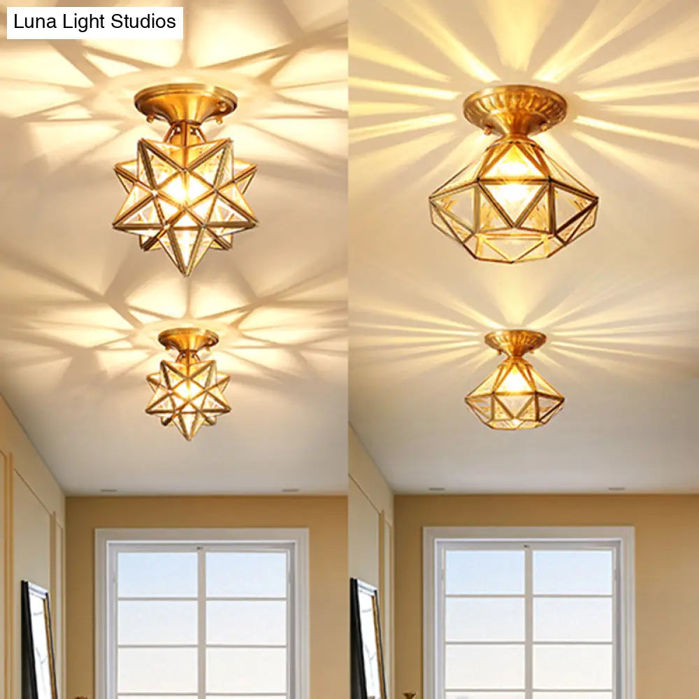 DecorBites™ DecorBites™ European Style Flush-mount Ceiling Light: Full Brass, Glass Shade, 1 Light Polyhedron Design, Bedroom Lighting
