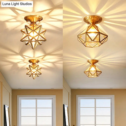 DecorBites™ DecorBites™ European Style Flush-mount Ceiling Light: Full Brass, Glass Shade, 1 Light Polyhedron Design, Bedroom Lighting