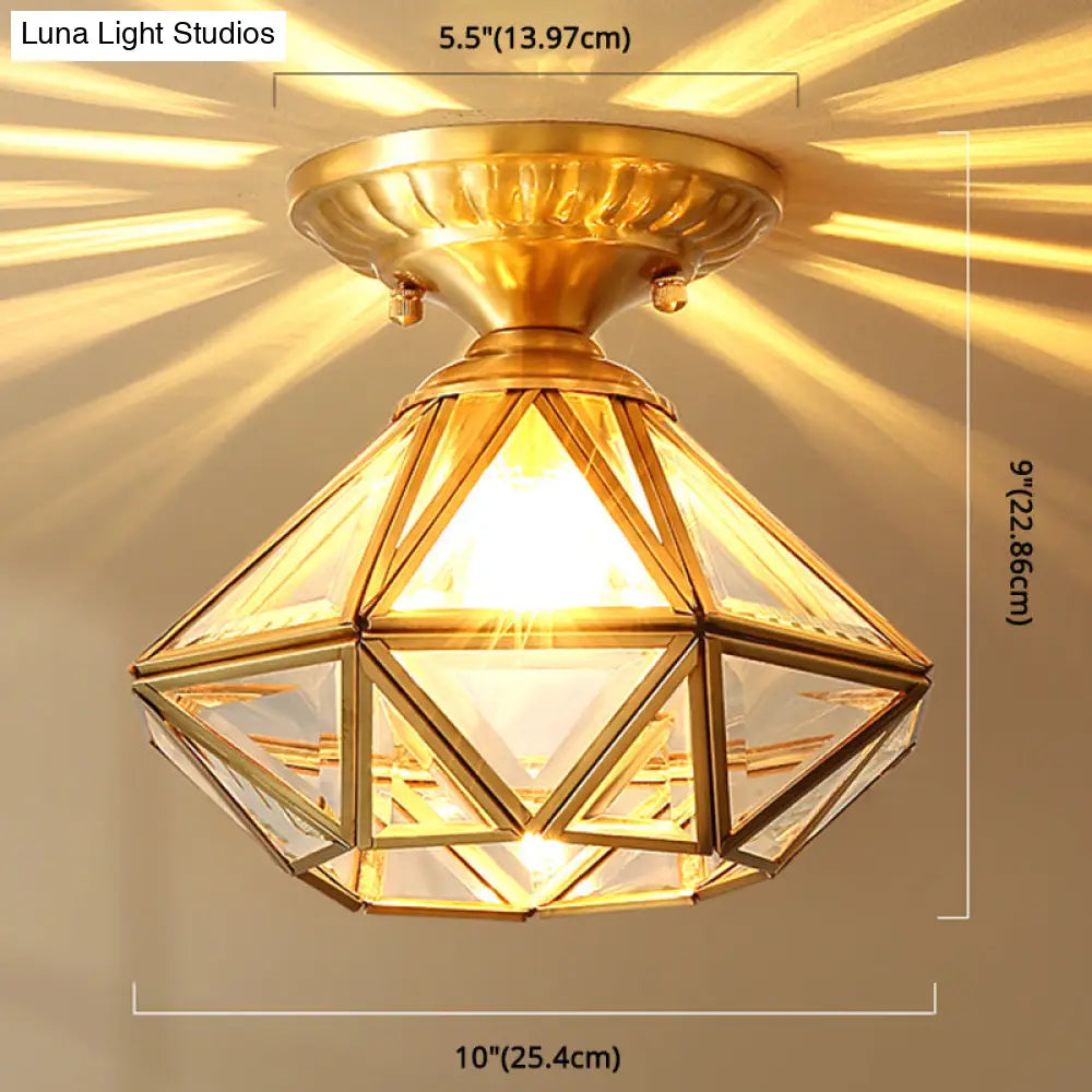 DecorBites™ DecorBites™ European Style Flush-mount Ceiling Light: Full Brass, Glass Shade, 1 Light Polyhedron Design, Bedroom Lighting