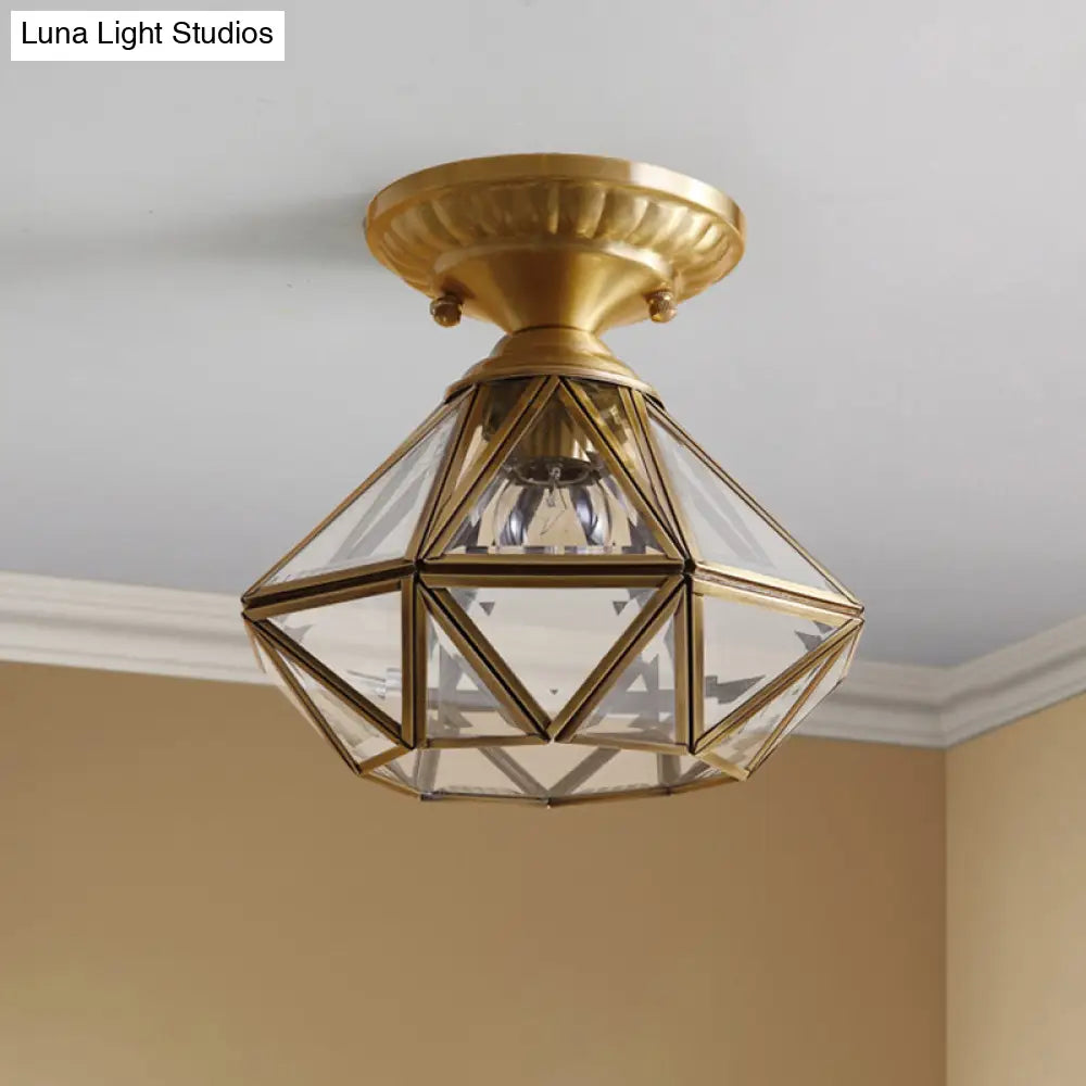 DecorBites™ DecorBites™ European Style Flush-mount Ceiling Light: Full Brass, Glass Shade, 1 Light Polyhedron Design, Bedroom Lighting