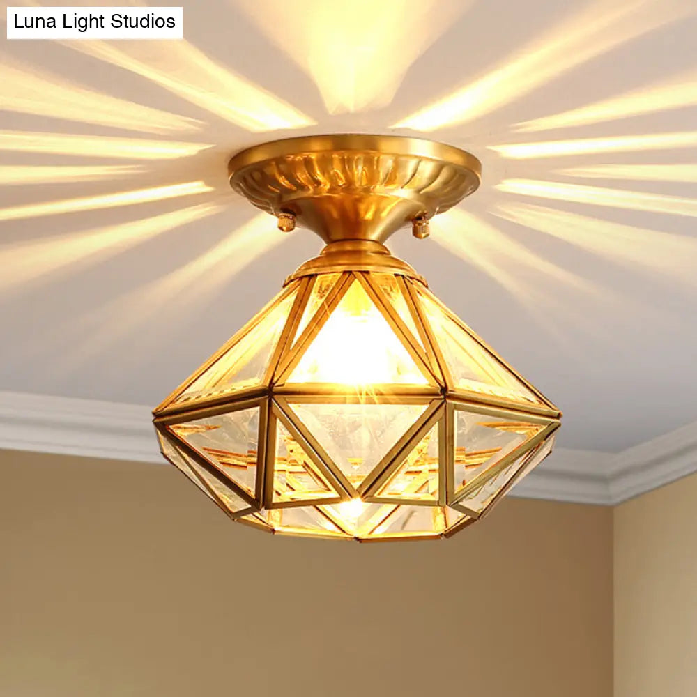 DecorBites™ DecorBites™ European Style Flush-mount Ceiling Light: Full Brass, Glass Shade, 1 Light Polyhedron Design, Bedroom Lighting