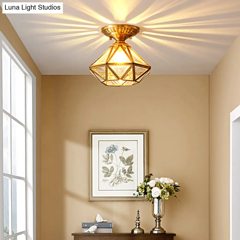 DecorBites™ DecorBites™ European Style Flush-mount Ceiling Light: Full Brass, Glass Shade, 1 Light Polyhedron Design, Bedroom Lighting