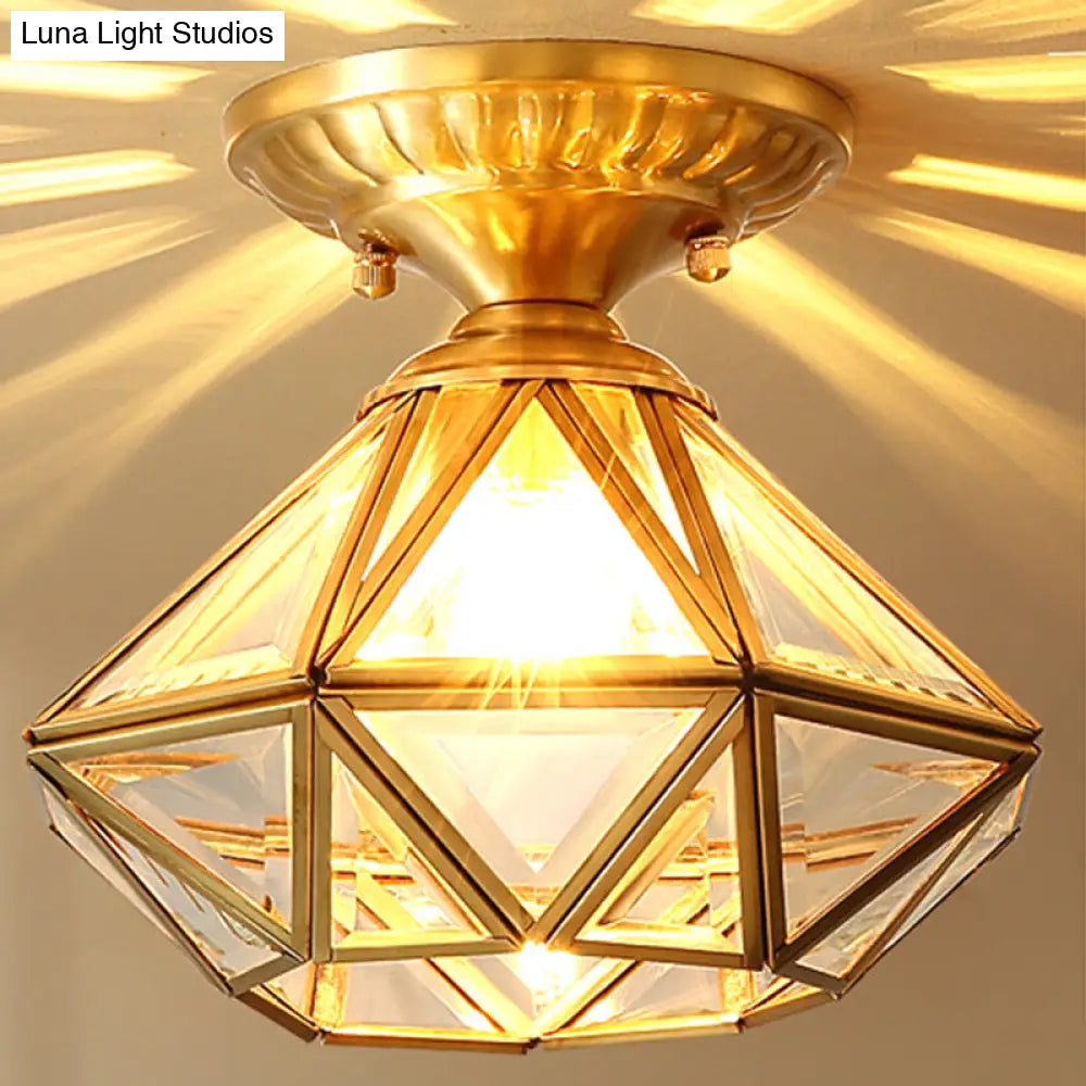 DecorBites™ DecorBites™ European Style Flush-mount Ceiling Light: Full Brass, Glass Shade, 1 Light Polyhedron Design, Bedroom Lighting