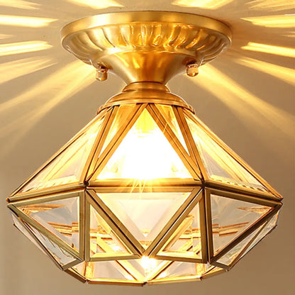 DecorBites™ DecorBites™ European Style Flush-mount Ceiling Light: Full Brass, Glass Shade, 1 Light Polyhedron Design, Bedroom Lighting