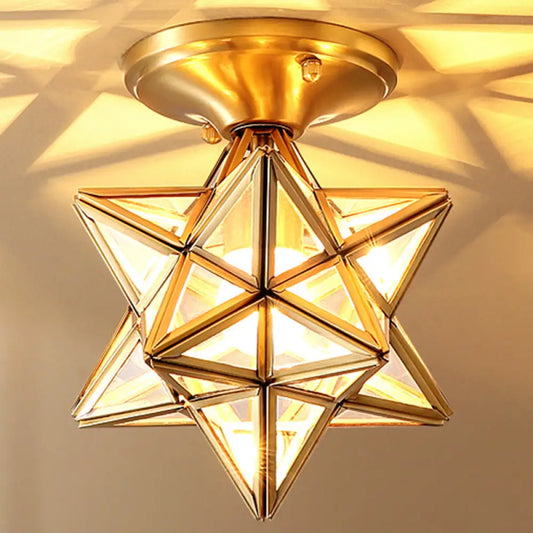 DecorBites™ DecorBites™ European Style Flush-mount Ceiling Light: Full Brass, Glass Shade, 1 Light Polyhedron Design, Bedroom Lighting