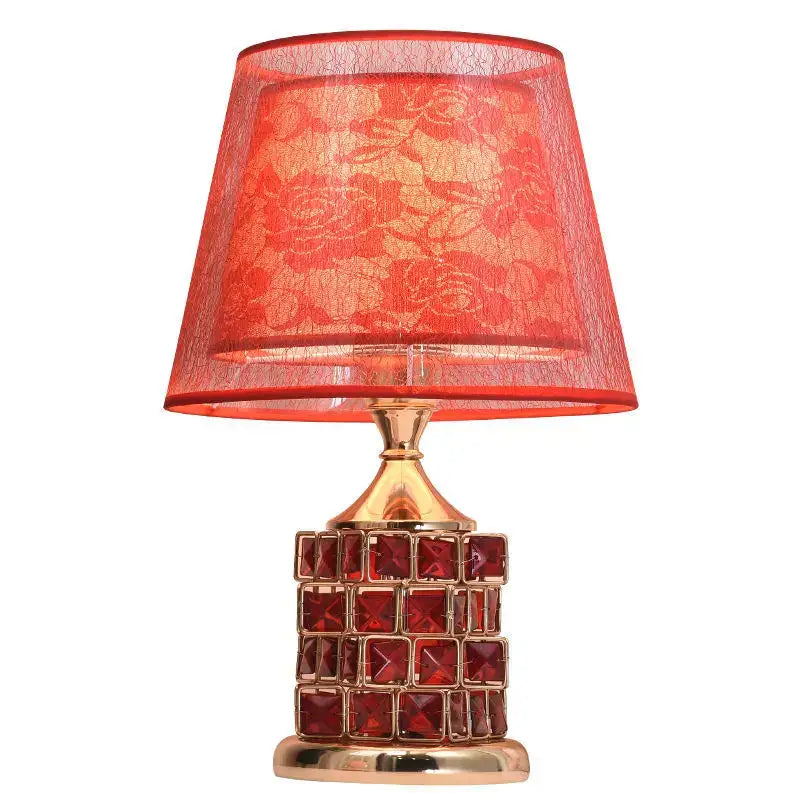 European style gold crystal table lamp with red lace lampshade and square red crystal tiles for bedroom decorbites crystal table decor