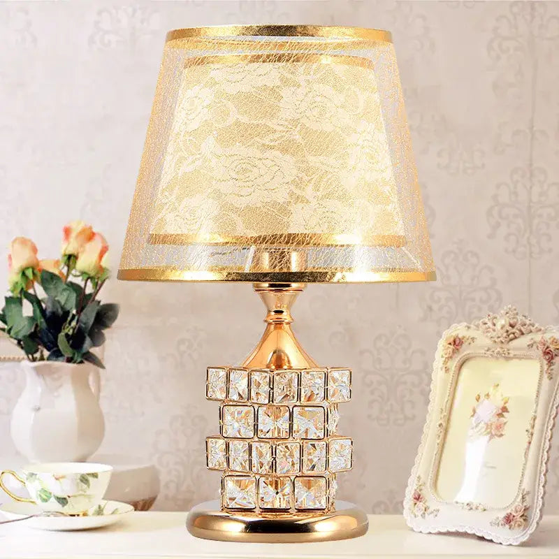 Gold-toned decorbites crystal table lamp with lace-patterned shade and crystal-encrusted base for bedroom decor