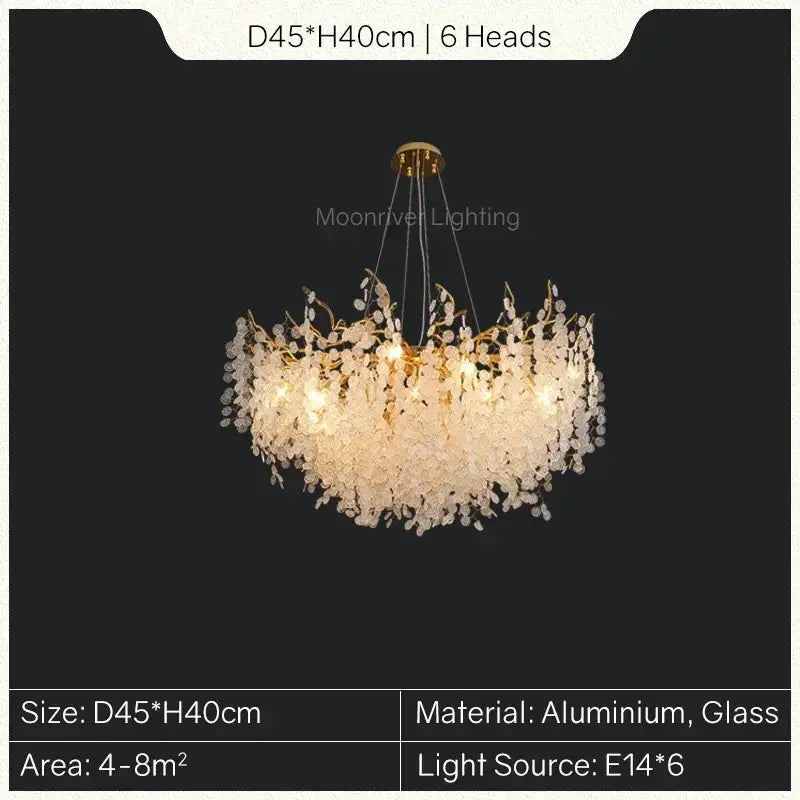 Elegant six-head decorbites gold tree branch chandelier with golden aluminum frame and clear glass crystal leaves for dining room decor