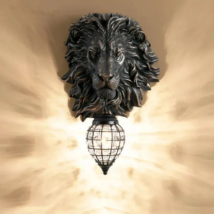 Black lion head wall lamp with crystal-encased globe light fixture by decorbites for elegant living room decor