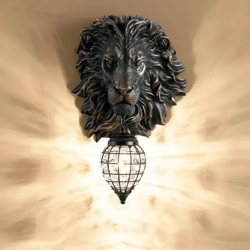 Black lion head wall lamp with crystal-encased globe light fixture by decorbites for elegant living room decor
