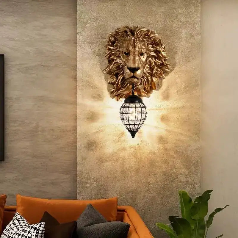 European style golden lion head wall lamp with black wire cage pendant for living room decorbites lion head wall lamp