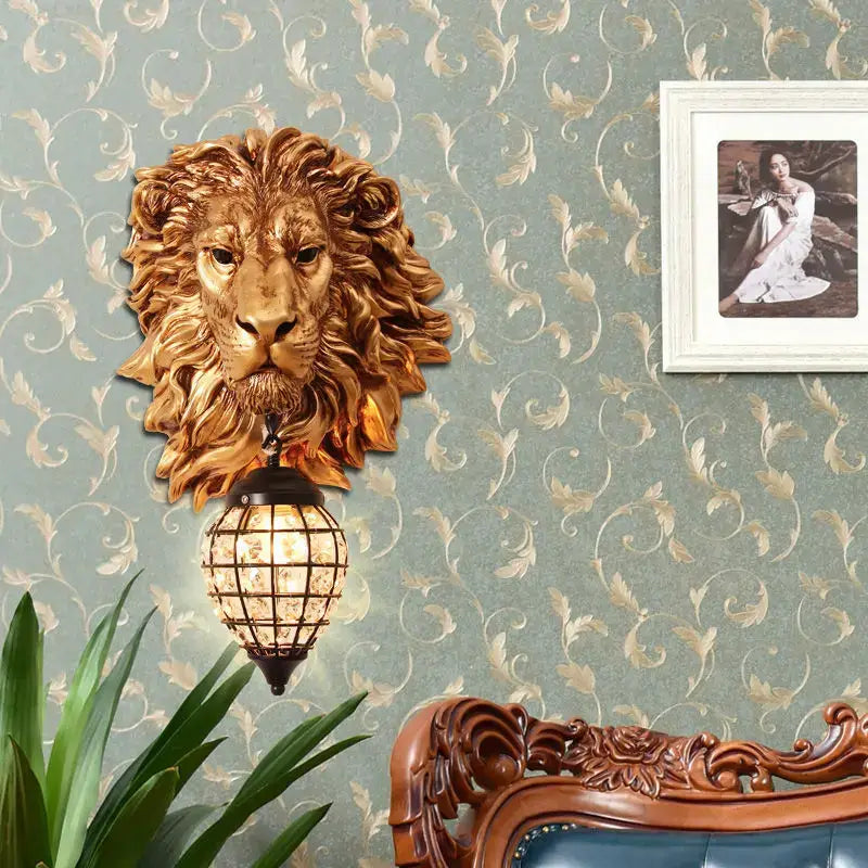 Golden lion head wall lamp with cage-style glass lampshade for living room decorbites lion head sconce