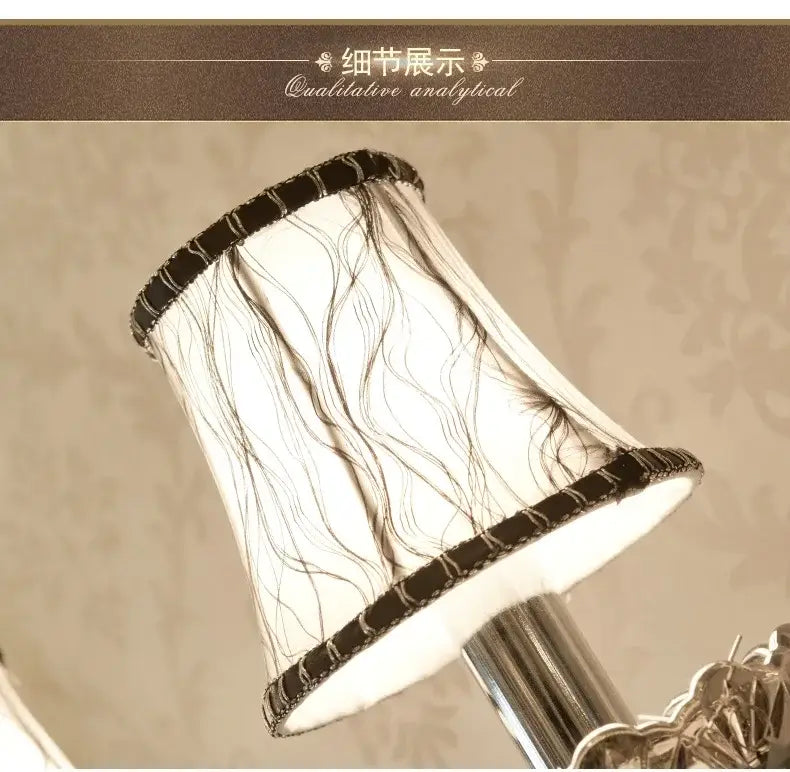 European style silver and smoke grey decorbites crystal wall lamp with white lampshade and black embroidered trim