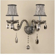 European style silver and smoke grey crystal wall lamp with two ornate arms and black beaded trimmed lampshades for bedroom decorbites crystal wall lamp