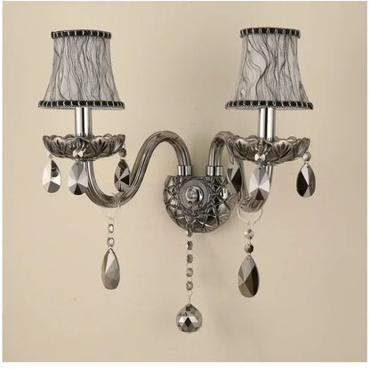 European style silver and smoke grey crystal wall lamp with two ornate arms and black beaded trimmed lampshades for bedroom decorbites crystal wall lamp