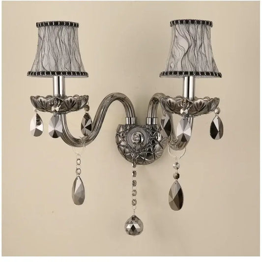 European style silver and smoke grey crystal wall lamp with two ornate arms and black beaded trimmed lampshades for bedroom decorbites crystal wall lamp