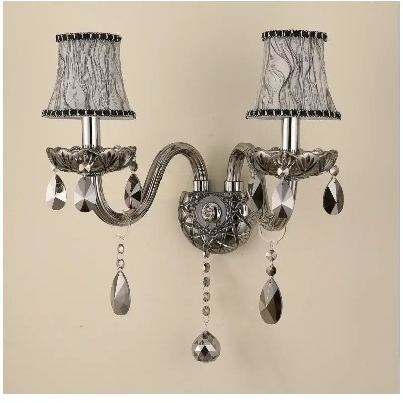 European style silver and smoke grey crystal wall lamp with two ornate arms and black beaded trimmed lampshades for bedroom decorbites crystal wall lamp